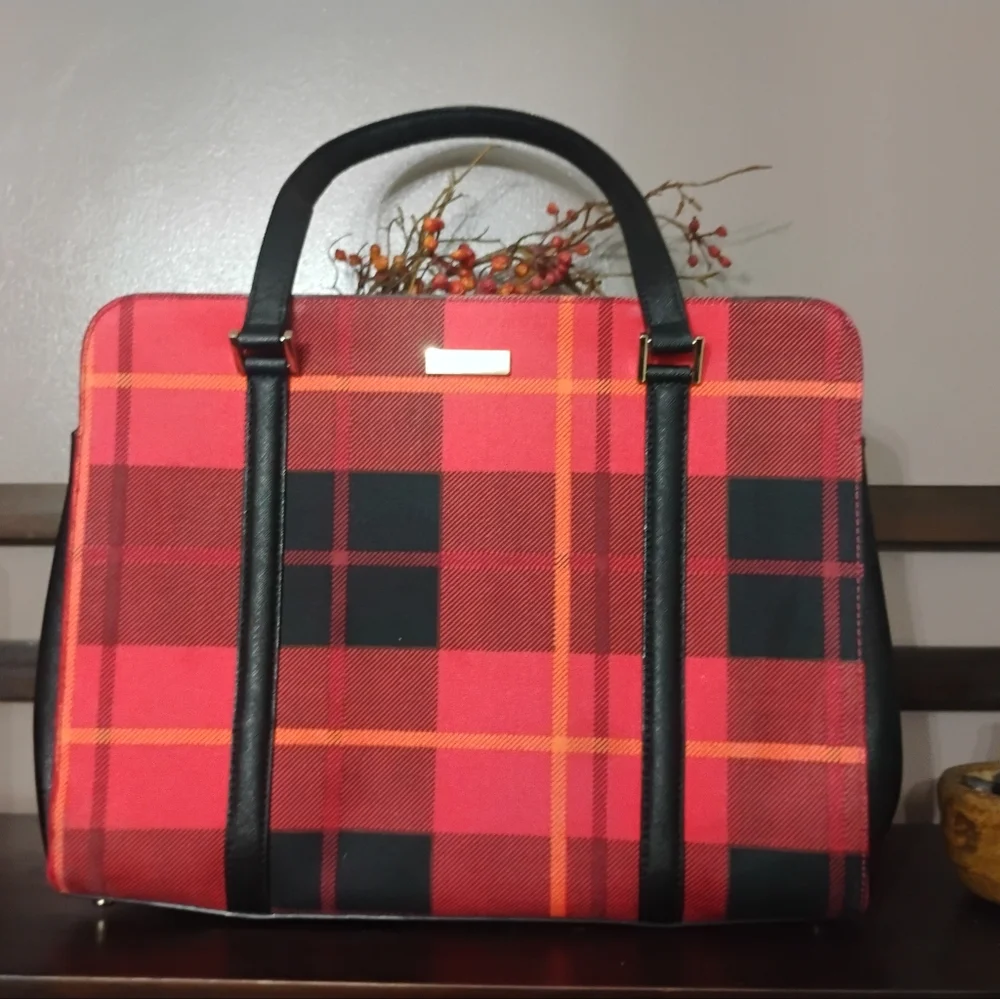 Kate Spade New York Newbury Lane Tote Red & Black Plaid & Saffiano Leather Trim